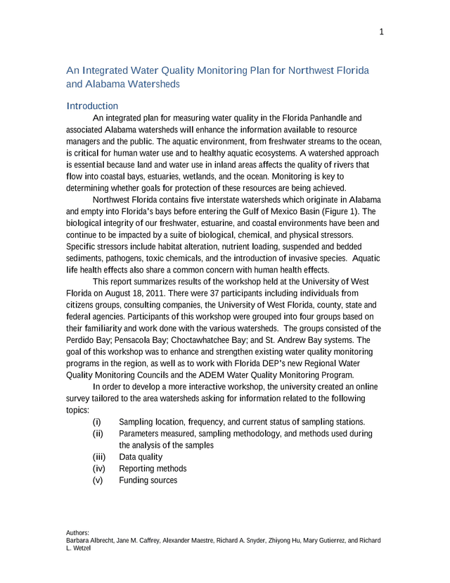 An Integrated Water Quality Monitoring Plan For Northwest Florida And Alabama Watersheds screenshot