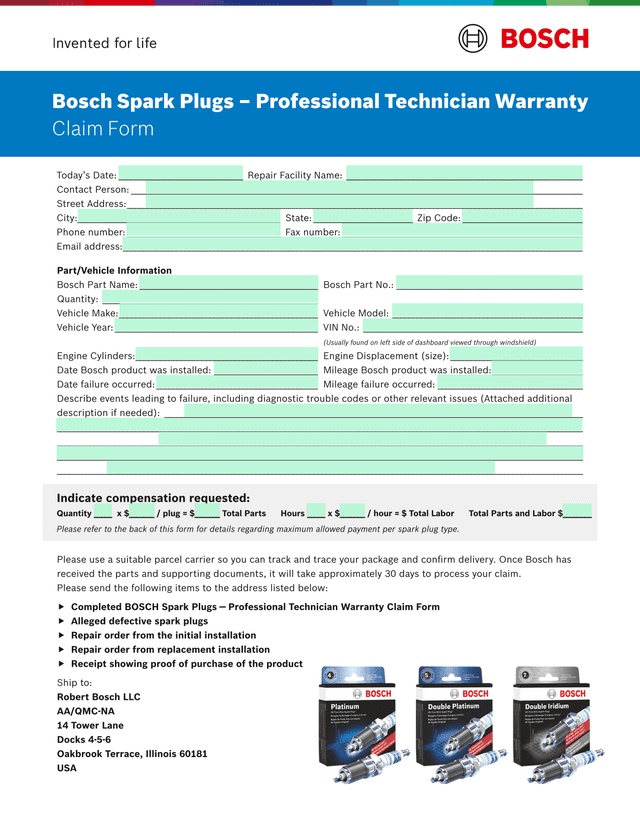 Bosch Spark Plugs  Professional Technician Warranty Claim Form screenshot