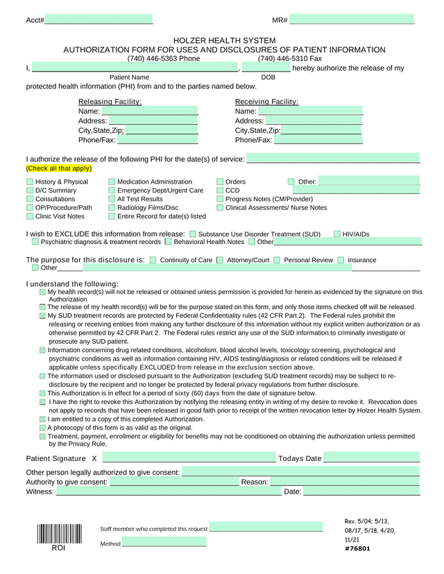 Authorization Form For Uses And Disclosures Of Patient Information screenshot