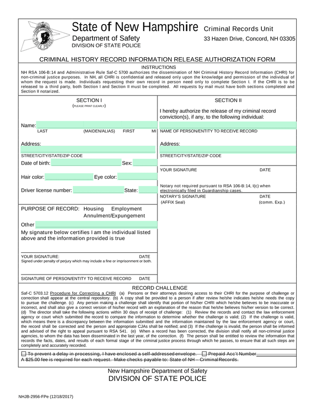 Criminal History Record Information Release Authorization Form screenshot