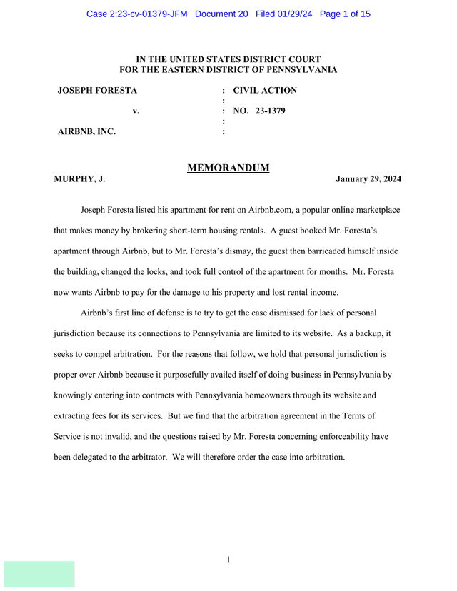 Foresta V. Airbnb, Inc.   Memorandum screenshot