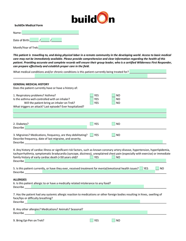BuildOn Medical Form screenshot