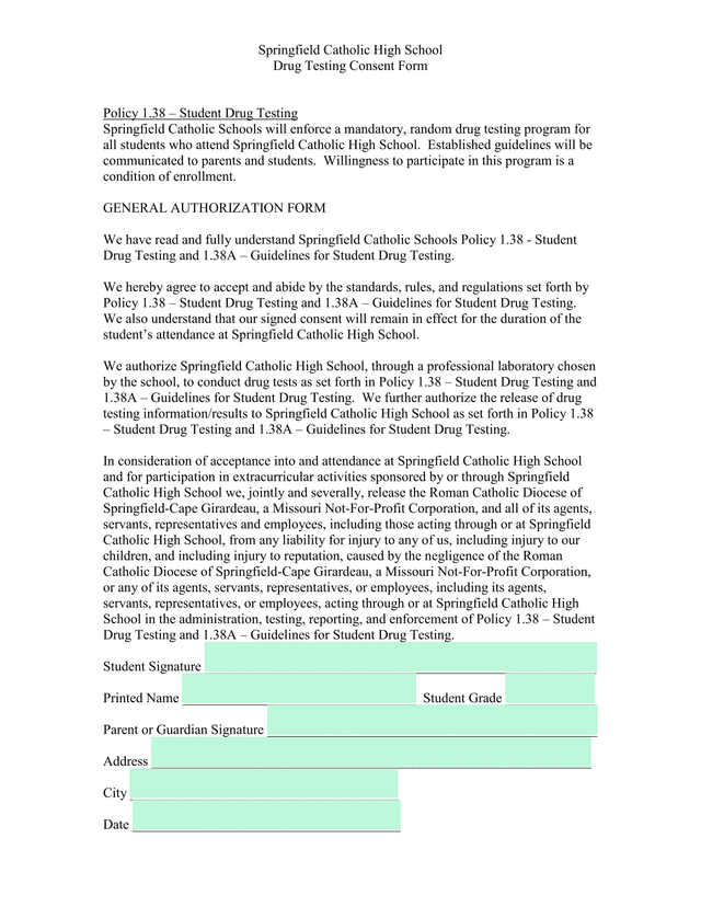Drug Testing Consent Form screenshot