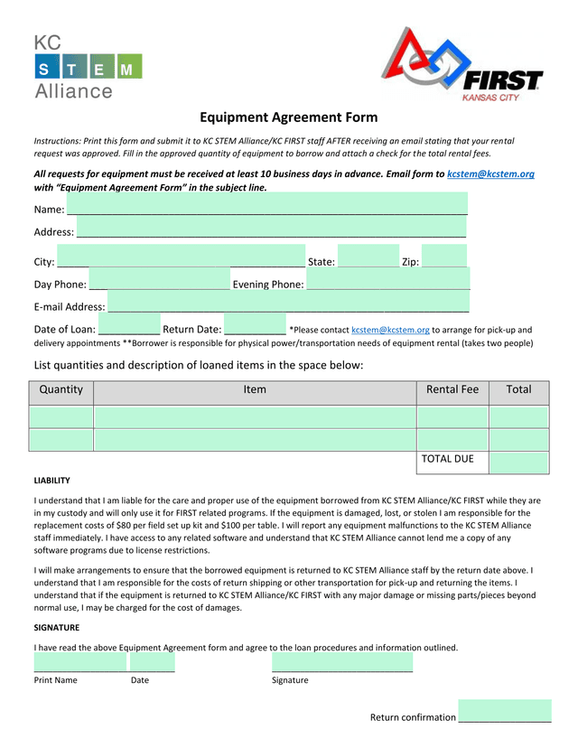 Equipment Agreement Form screenshot