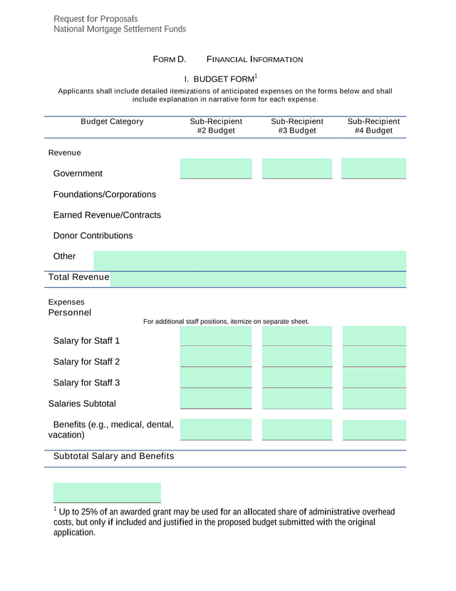 National Mortgage Settlement Funds Request For Proposals   Form D Financial Information screenshot