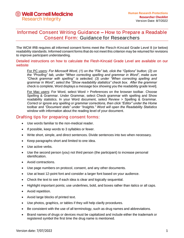 Researcher Checklist Informed Consent Writing Guidance screenshot