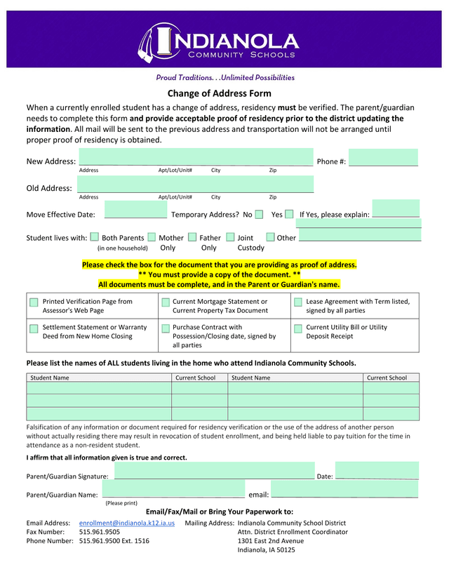 Change Of Address Form screenshot