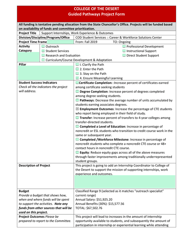 College Of The Desert Guided Pathways Project Form screenshot