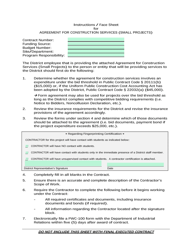 Agreement For Construction Services (Small Projects) screenshot