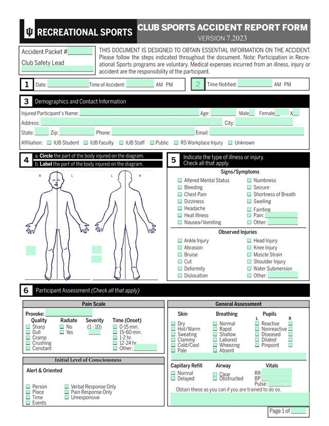 Club Sports Accident Report Form screenshot