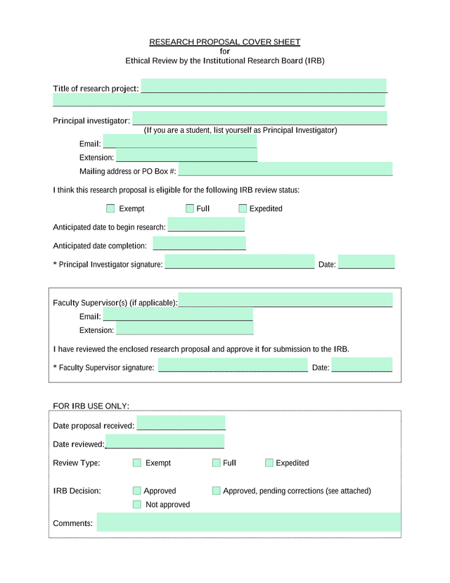 Research Proposal Cover Sheet And IRB Research Proposal Form screenshot
