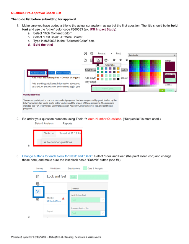 Qualtrics Pre Approval Check List screenshot