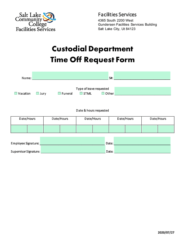 Custodial Department Time Off Request Form screenshot