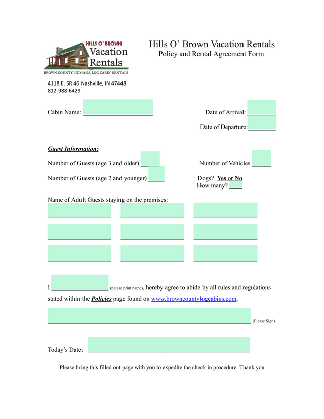 Hills O Brown Vacation Rentals Policy And Rental Agreement Form screenshot