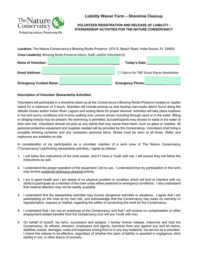 Liability Waiver Form  Shoreline Cleanup screenshot