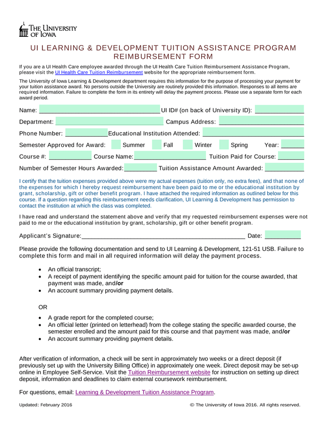 UI Learning  Development Tuition Assistance Program Reimbursement Form screenshot