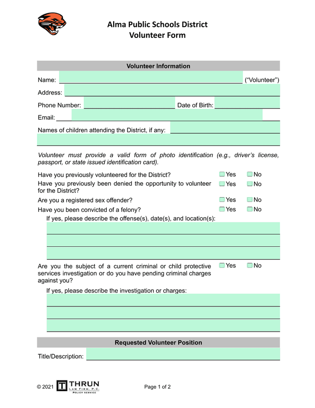 Alma Public Schools District Volunteer Form screenshot