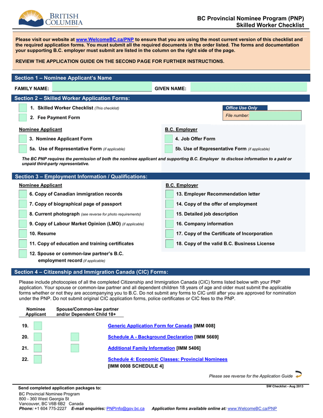 BC Provincial Nominee Program (PNP) Skilled Worker Checklist screenshot