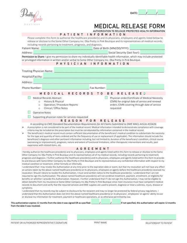 Medical Release Form screenshot