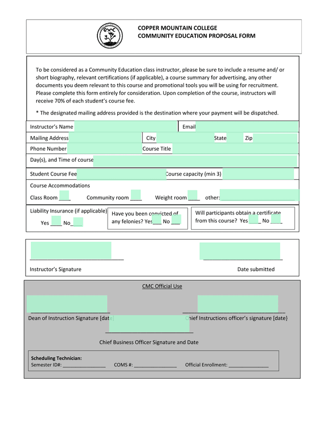 Copper Mountain College Community Education Proposal Form screenshot
