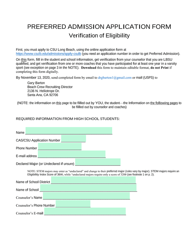 Preferred Admission Application Form screenshot
