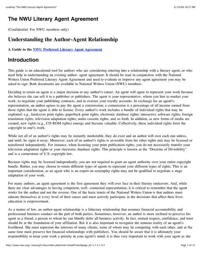 The NWU Literary Agent Agreement screenshot