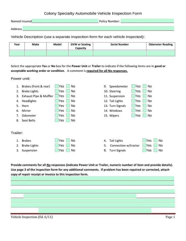 Colony Specialty Automobile Vehicle Inspection Form screenshot