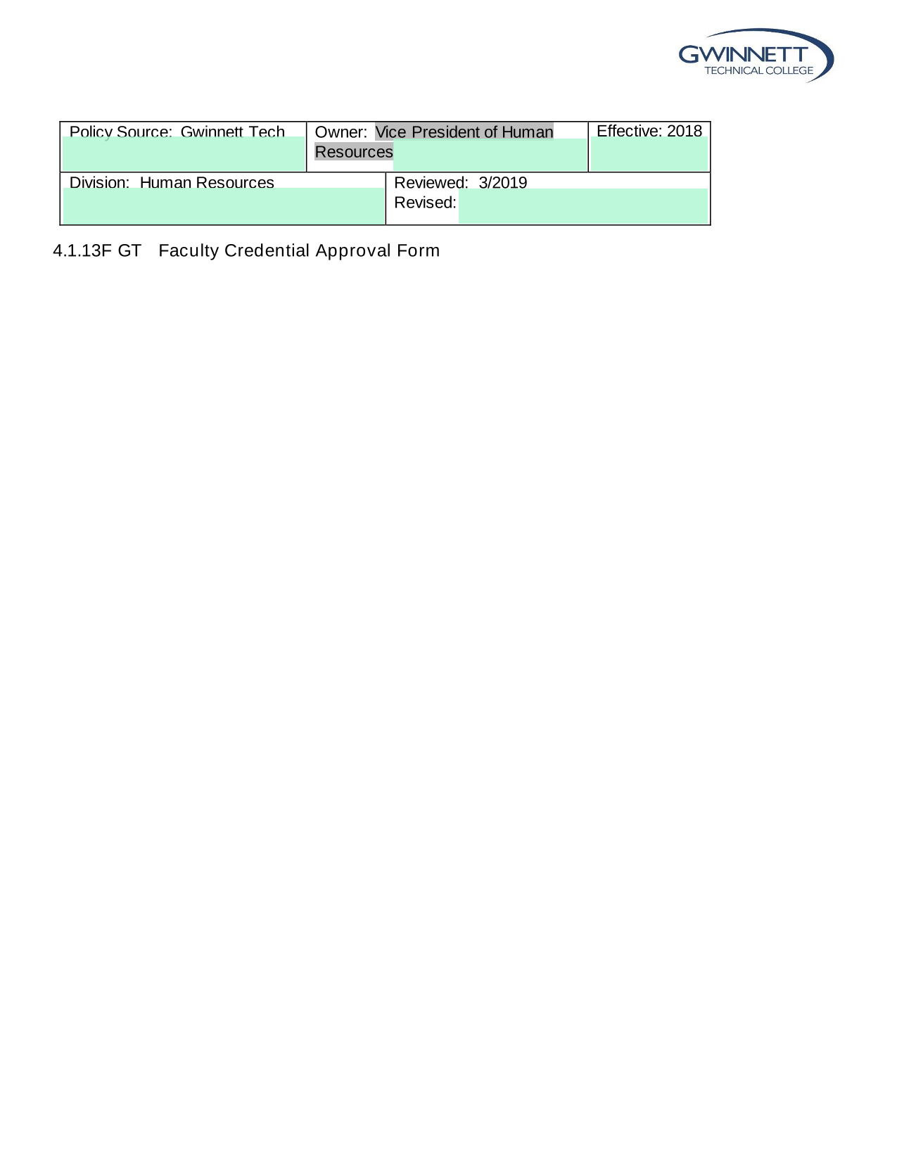 4.1.13F GT Faculty Credential Approval Form screenshot