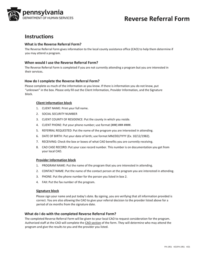 Reverse Referral Form screenshot