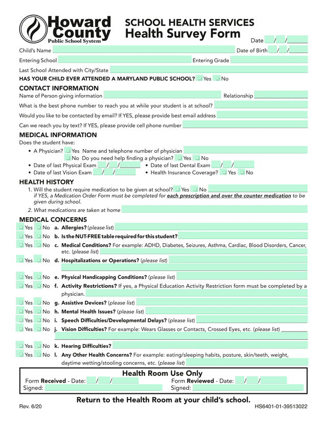 School Health Services Health Survey Form screenshot