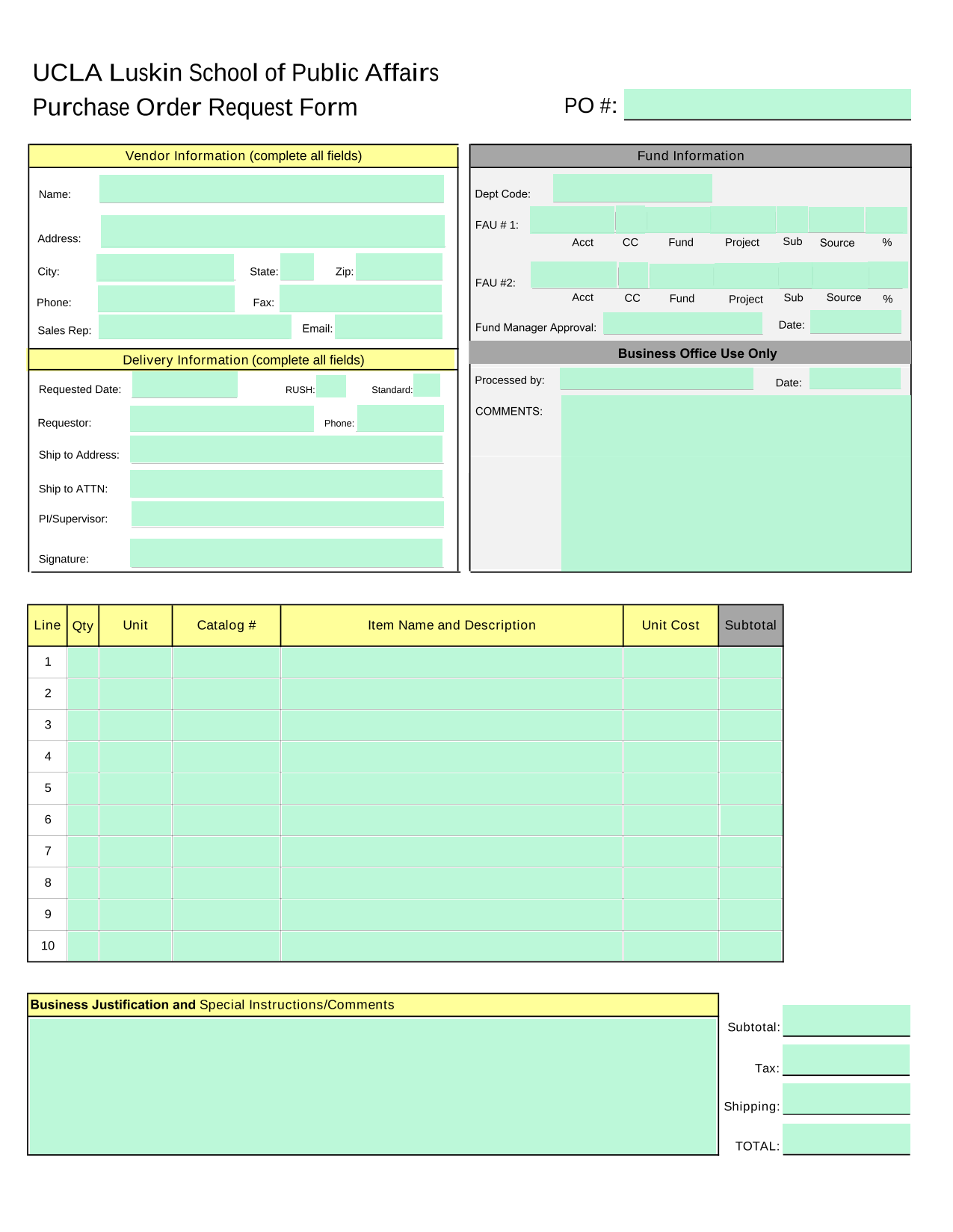 Purchase Order Request Form screenshot