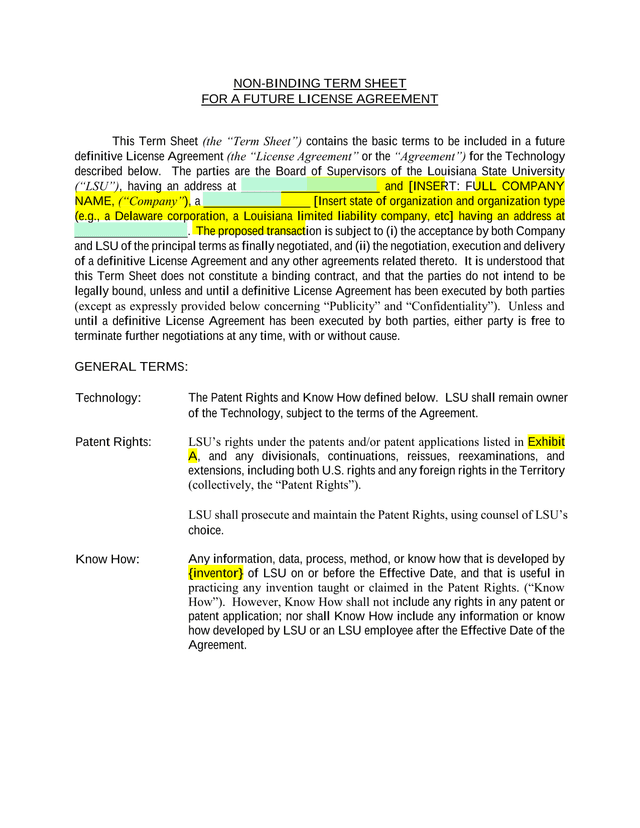 Non Binding Term Sheet For A Future License Agreement screenshot