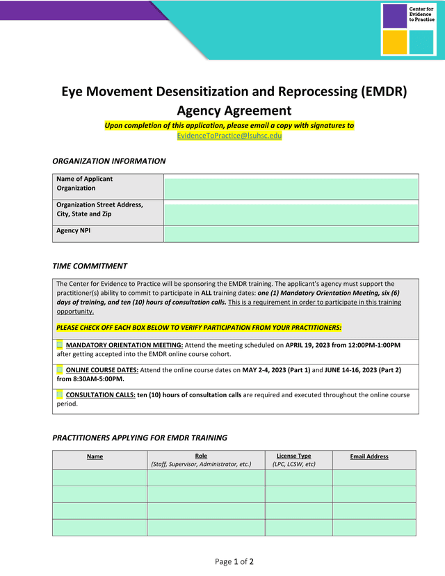 Eye Movement Desensitization And Reprocessing (EMDR) Agency Agreement screenshot