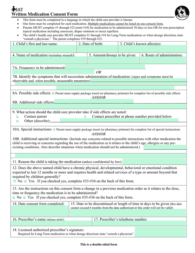Written Medication Consent Form screenshot