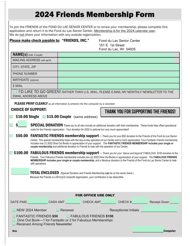 Friends Of The Fond Du Lac Senior Center Membership Application screenshot