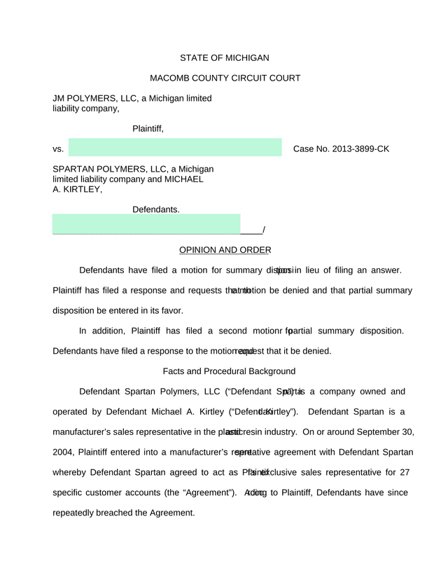 Case No. 2013 3899 CK JM Polymers, LLC V. Spartan Polymers, LLC And Michael A. Kirtley screenshot