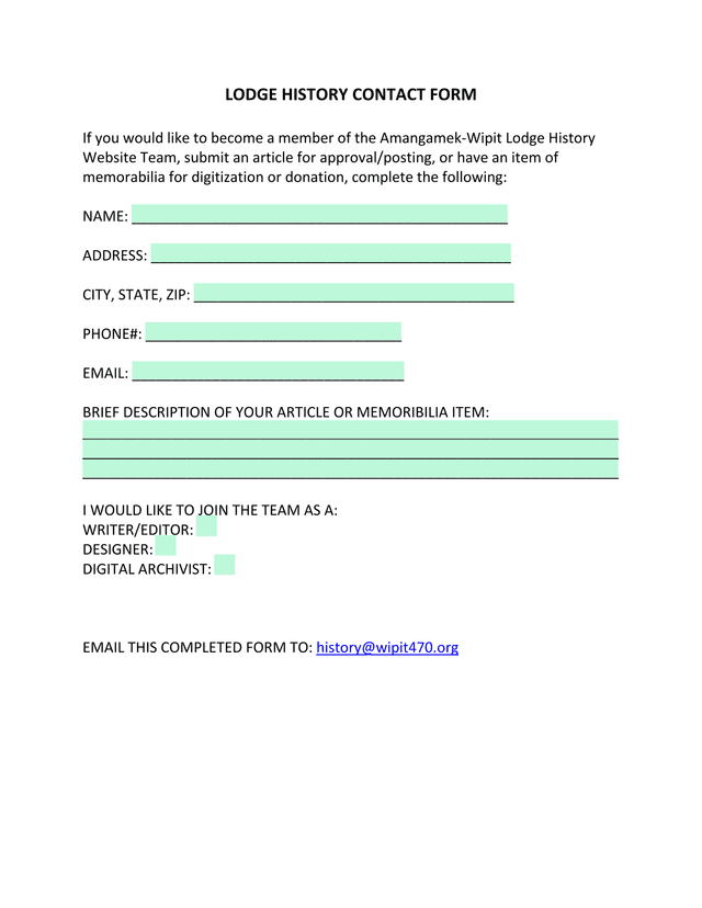 Lodge History Contact Form screenshot