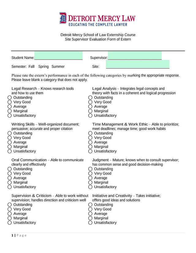 Detroit Mercy School Of Law Externship Course Site Supervisor Evaluation Form Of Extern screenshot