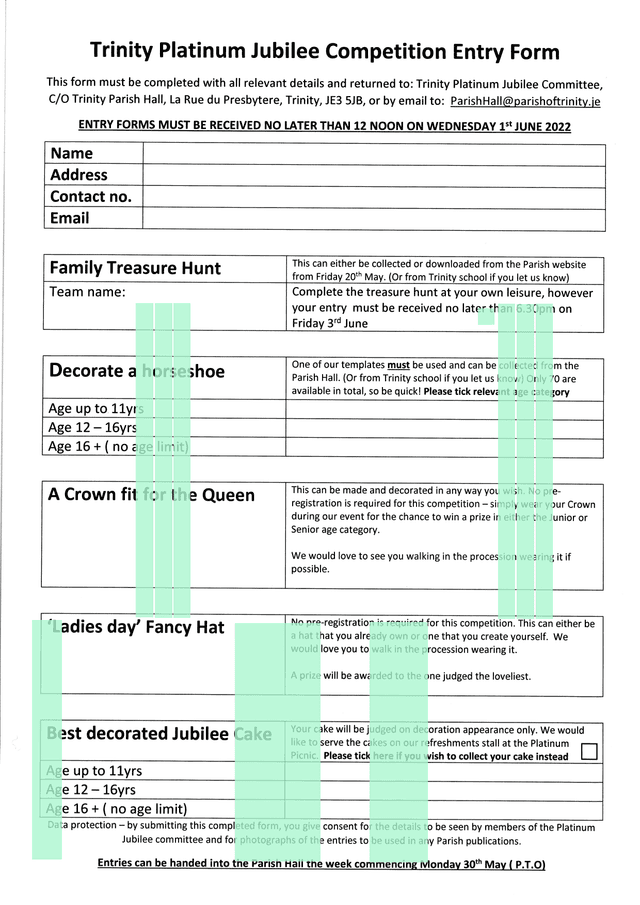 Trinity Platinum Jubilee Competition Entry Form screenshot