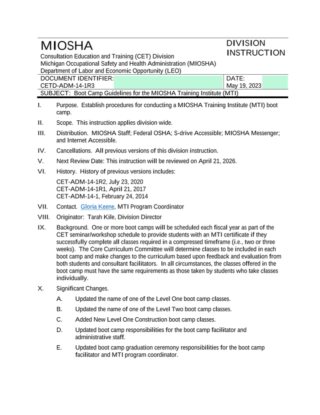 Boot Camp Guidelines For The MIOSHA Training Institute (MTI) screenshot