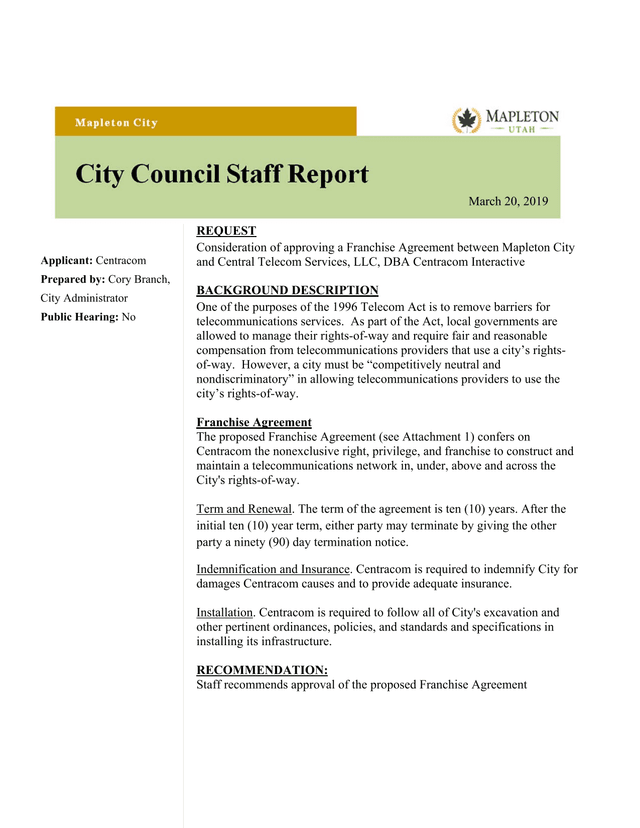 Franchise Agreement Between Mapleton City And Central Telecom Services, LLC screenshot