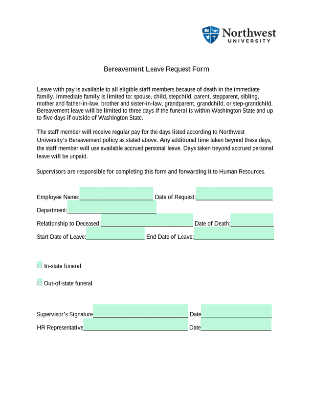 Bereavement Leave Request Form screenshot