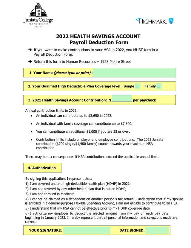 2022 Health Savings Account Payroll Deduction Form screenshot
