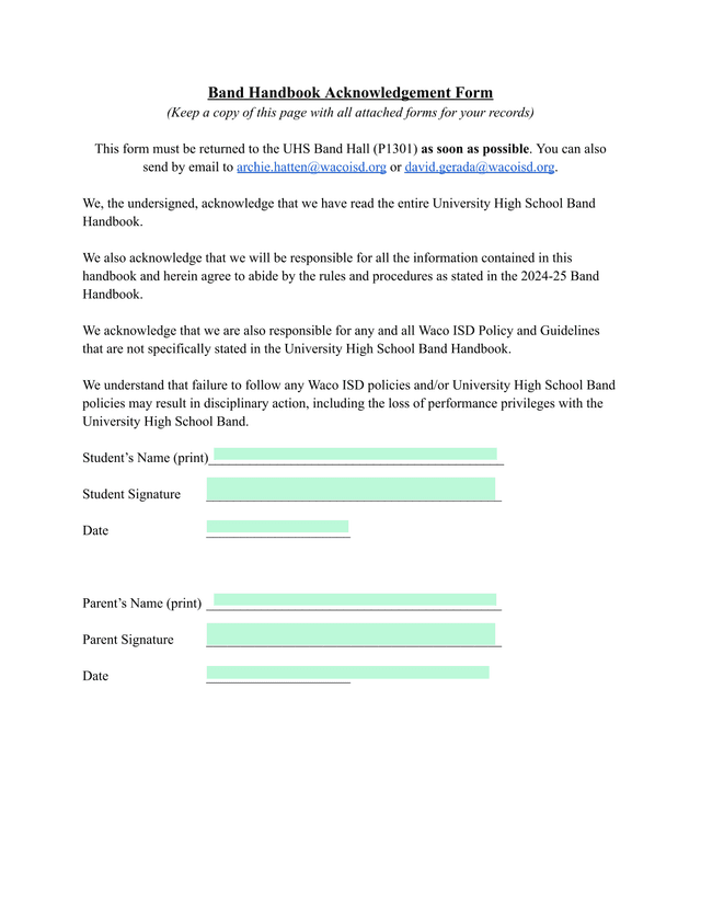 University High School Band Handbook Acknowledgement Form screenshot