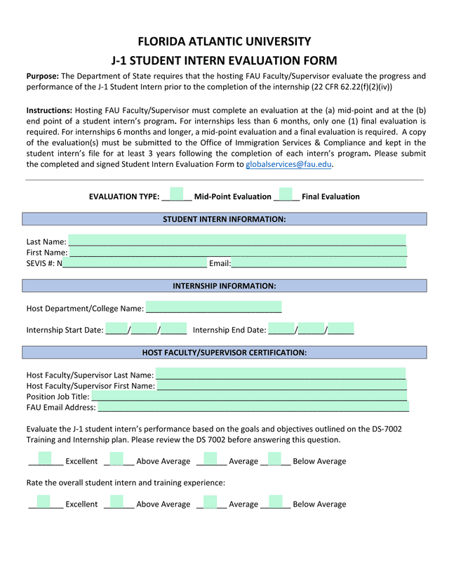 J 1 Student Intern Evaluation Form screenshot