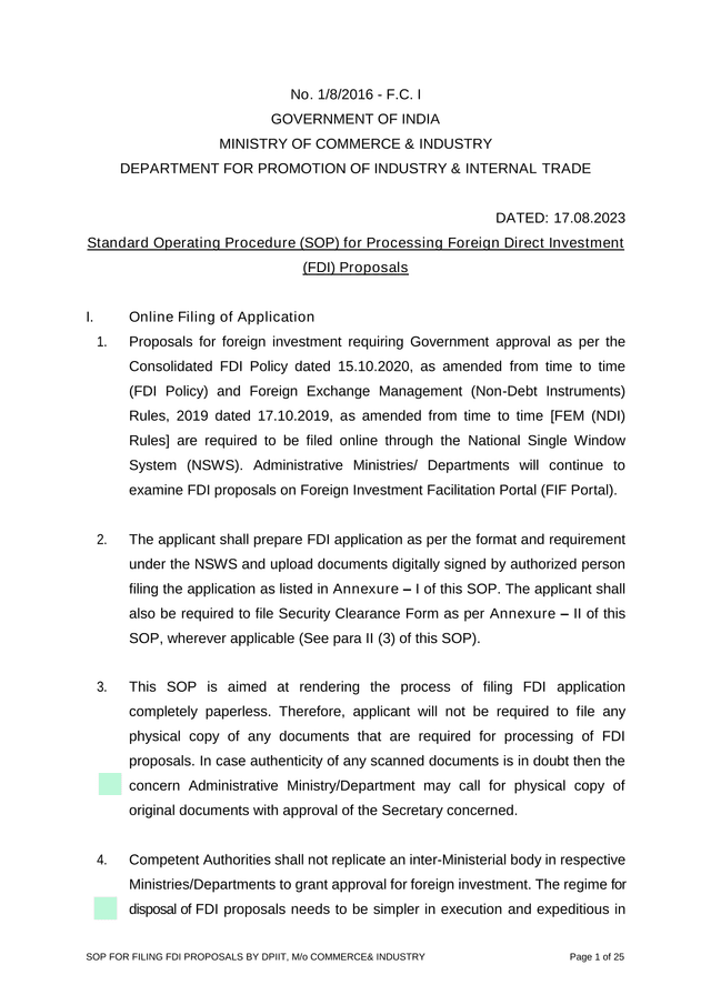 Standard Operating Procedure (SOP) For Processing Foreign Direct Investment (FDI) Proposals screenshot