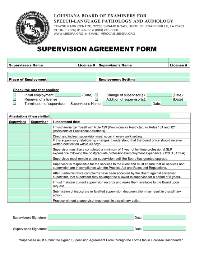 Supervision Agreement Form screenshot