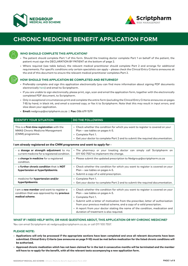 Nedgroup Medical Aid Scheme Chronic Medicine Benefit Application Form 2021 screenshot