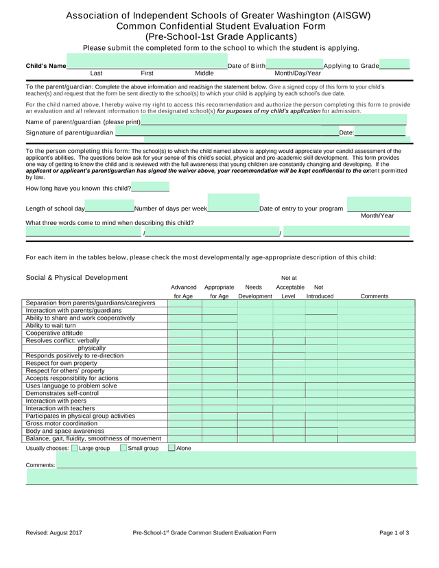 Pre School 1st Grade Common Student Evaluation Form screenshot