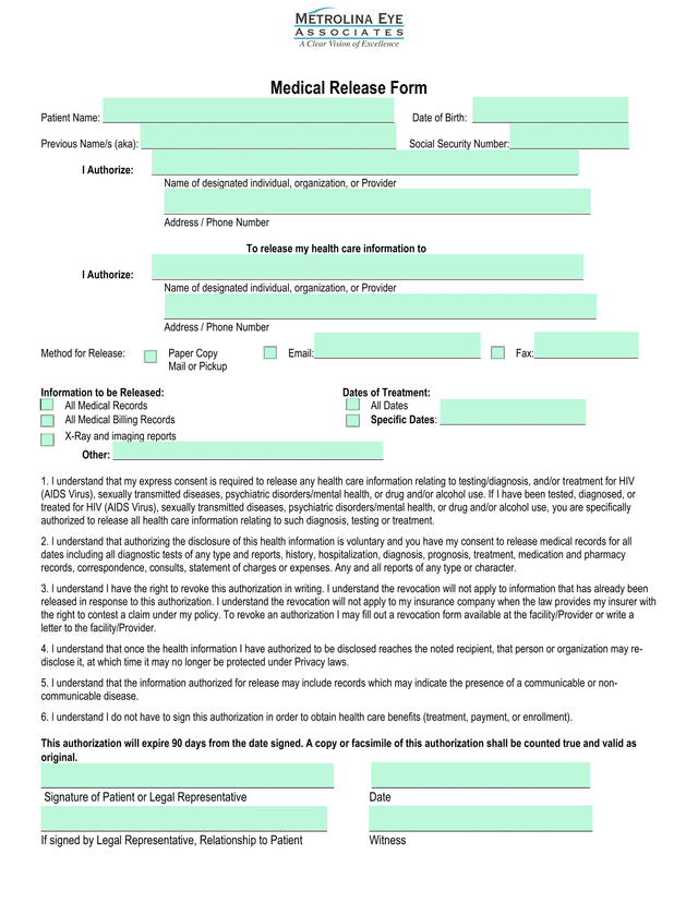 Medical Release Form screenshot